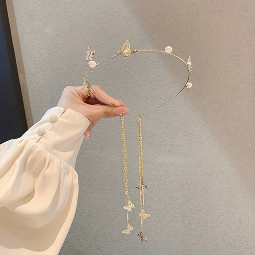 1pc Diamond Studded Long Tassel Headband, Advanced And Fashionable High Cranial Pressure Headband, Popular Commuting New Hair Accessory