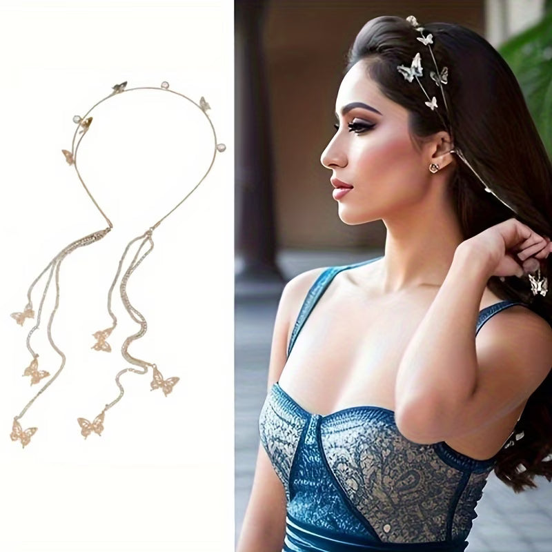 1pc Diamond Studded Long Tassel Headband, Advanced And Fashionable High Cranial Pressure Headband, Popular Commuting New Hair Accessory
