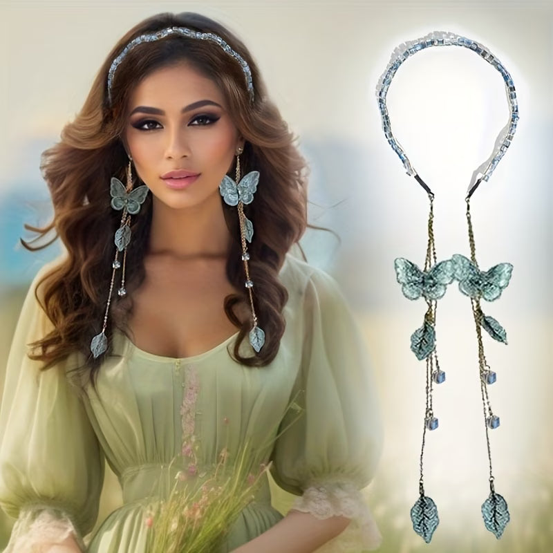 1pc Romantic Women Butterfly Tassel Headband High Quality Embroidered Butterfly Leaf Pendant Hair Band Latest Fashion Hair Accessories Luxury Party Headwear Best Birthday Gift T2248