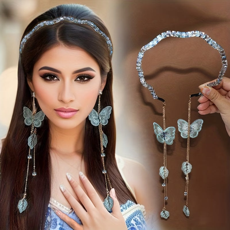 1pc Romantic Women Butterfly Tassel Headband High Quality Embroidered Butterfly Leaf Pendant Hair Band Latest Fashion Hair Accessories Luxury Party Headwear Best Birthday Gift T2248